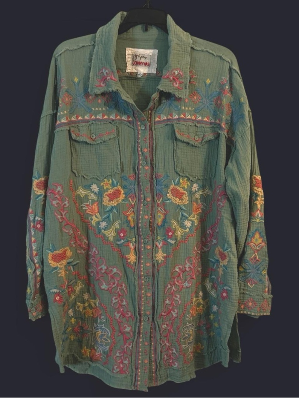 Johnny Was TOYAH Light Sage  Green Embroidered Floral Button-Front Boho Blouse